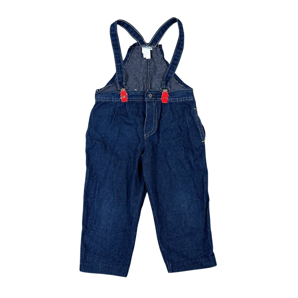 Vintage La Redoute Denim Overalls 3T Dark Wash Red Bear Clips Made in USA